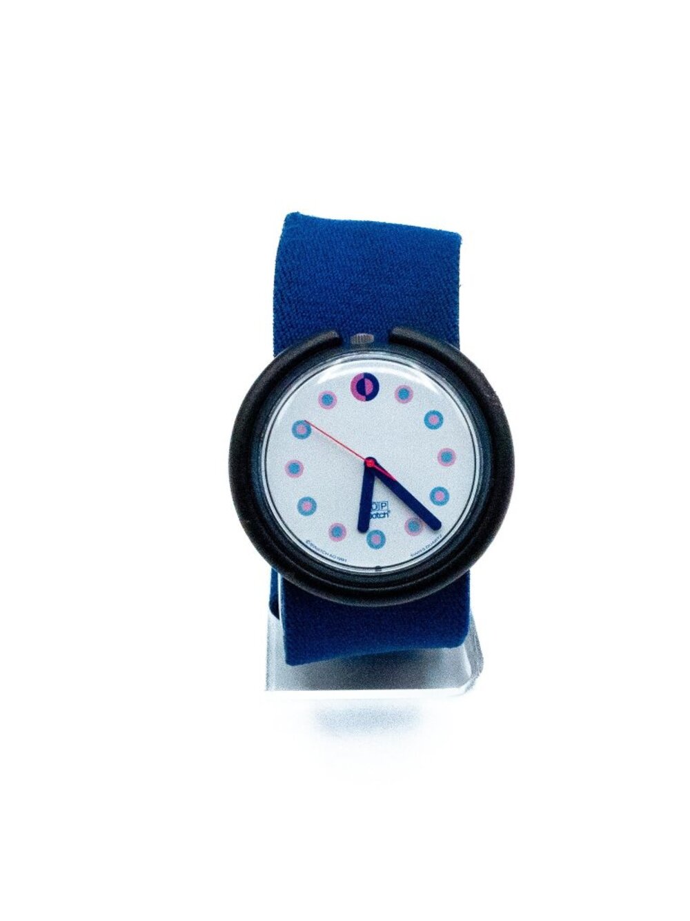 Rare Vintage 1991 Swatch Pop Contessa PWN104 Blue Fabric Band Black Bezel Watch